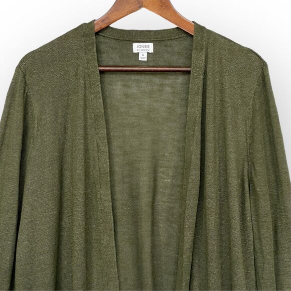Jones Studio Open Front Cardigan Sweater Women Size XL Green Pocket Linen - Picture 3 of 11